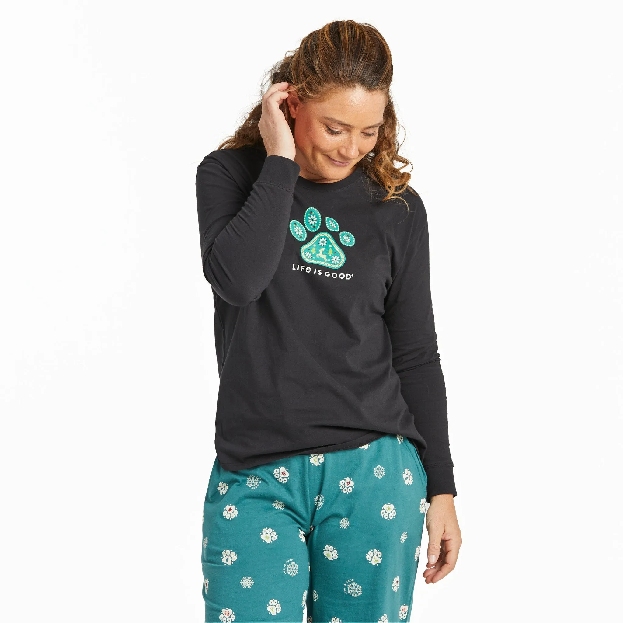 Women's Holiday Paw Long Sleeve Snuggle Up Relaxed Sleep Tee Life is Good