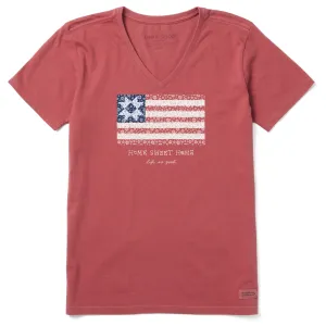 Women's Home Sweet Home Quilted Flag Short Sleeve Vee Life is Good