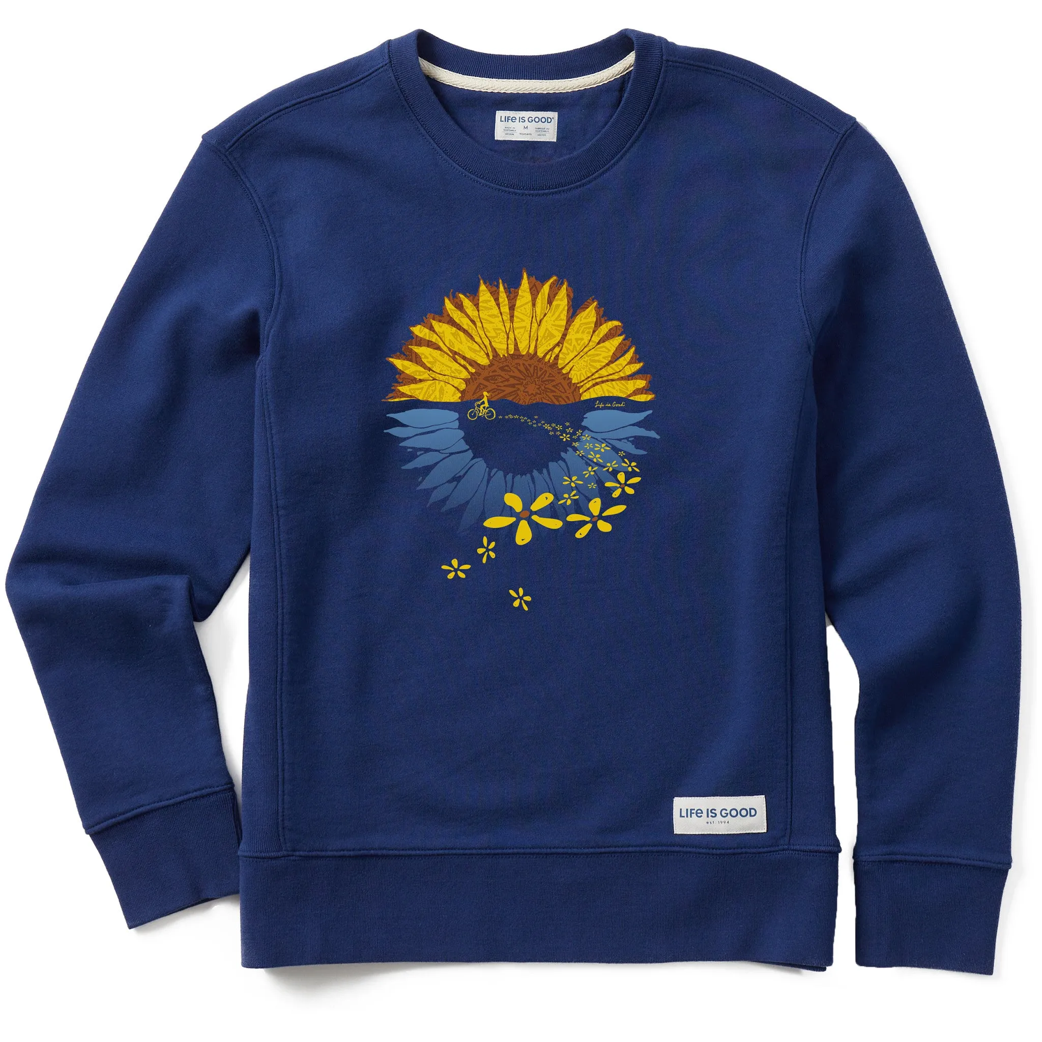 Women's Macro-Micro Sunflower  Bike Ride Simply True Fleece Crew Life is Good
