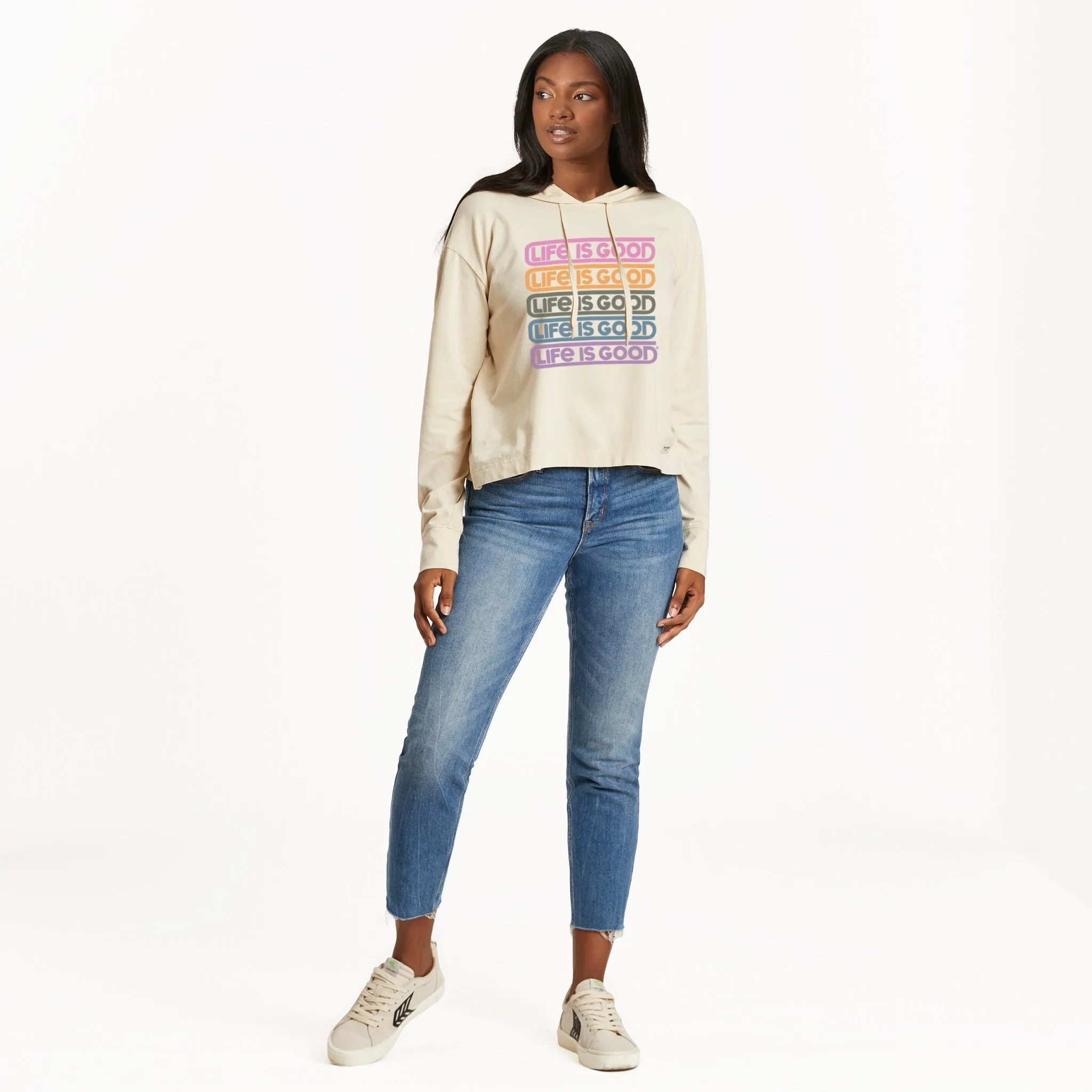 Women's Retro Stack Life is Good Crusher-FLEX Boxy Hoodie LIFE IS GOOD