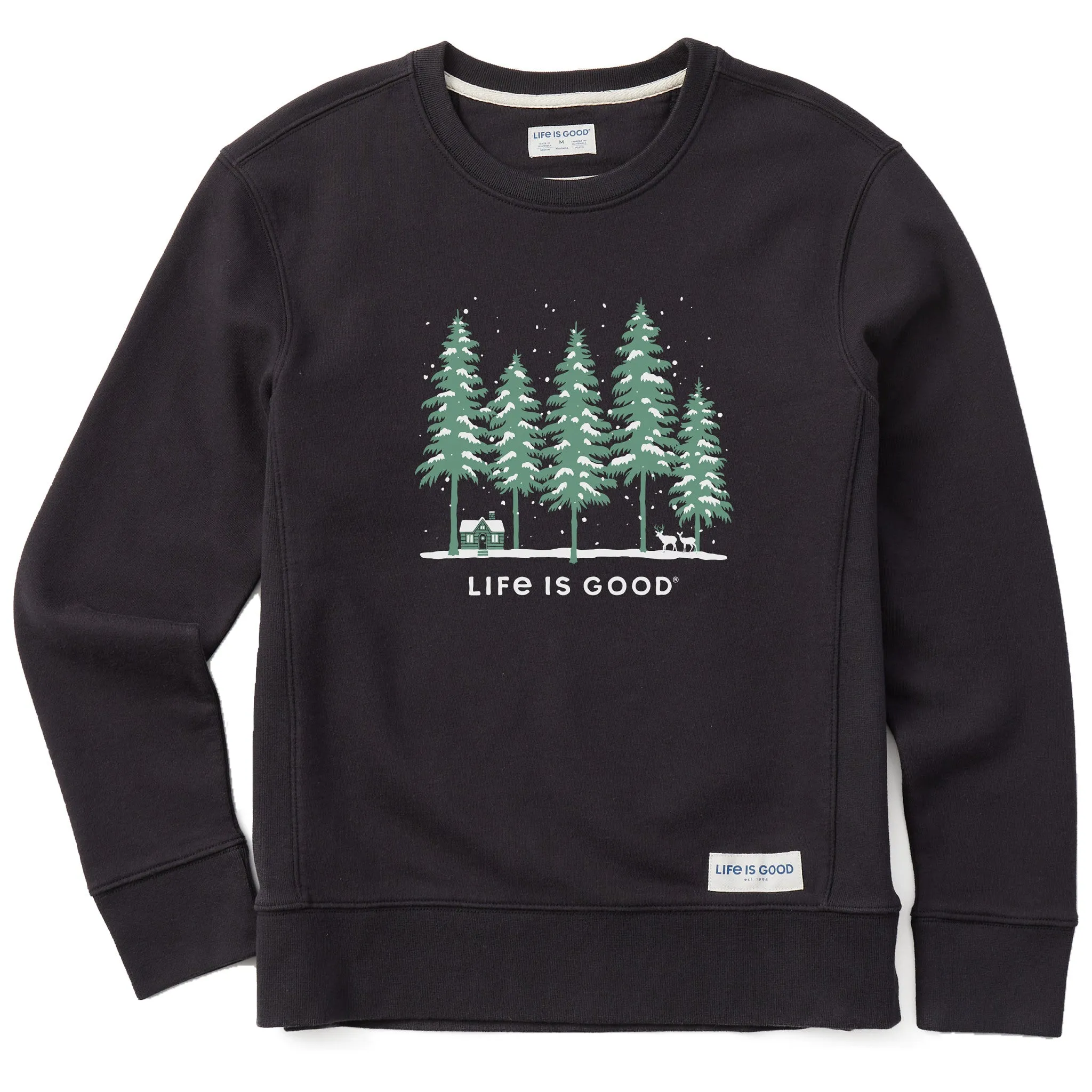 Women's Snowy Winter Cabin Scene Simply True Crew Life is Good