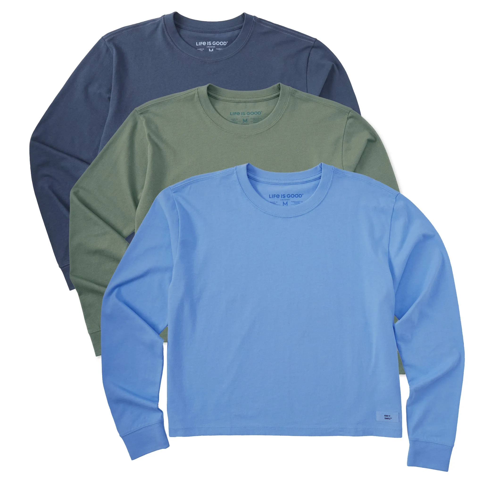 Womens Solid 3-Pack Long Sleeve Crusher Boxy Tee - Multi Life is Good