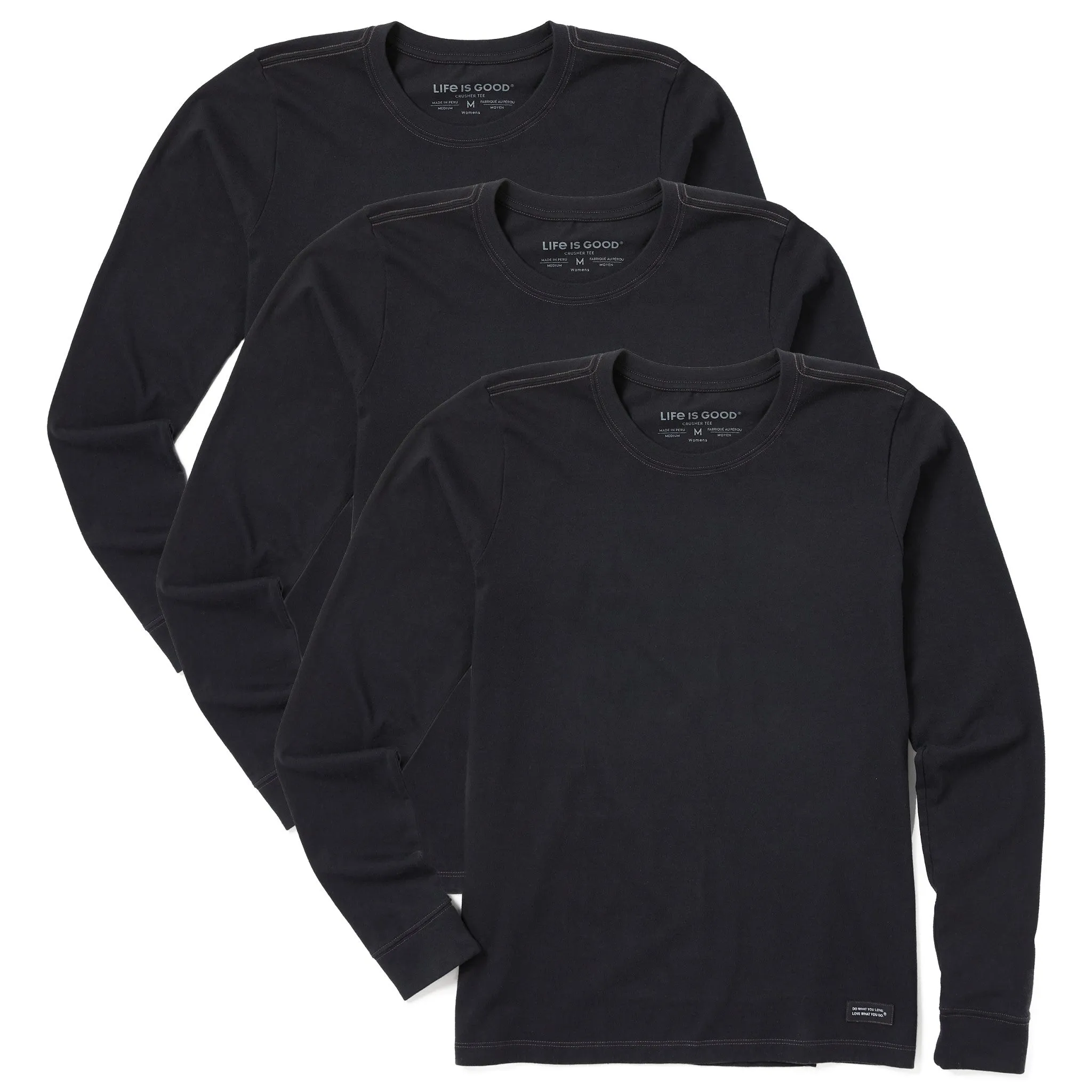 Womens Solid 3-Pack Long Sleeve Crusher Tee Faded Black Life is Good