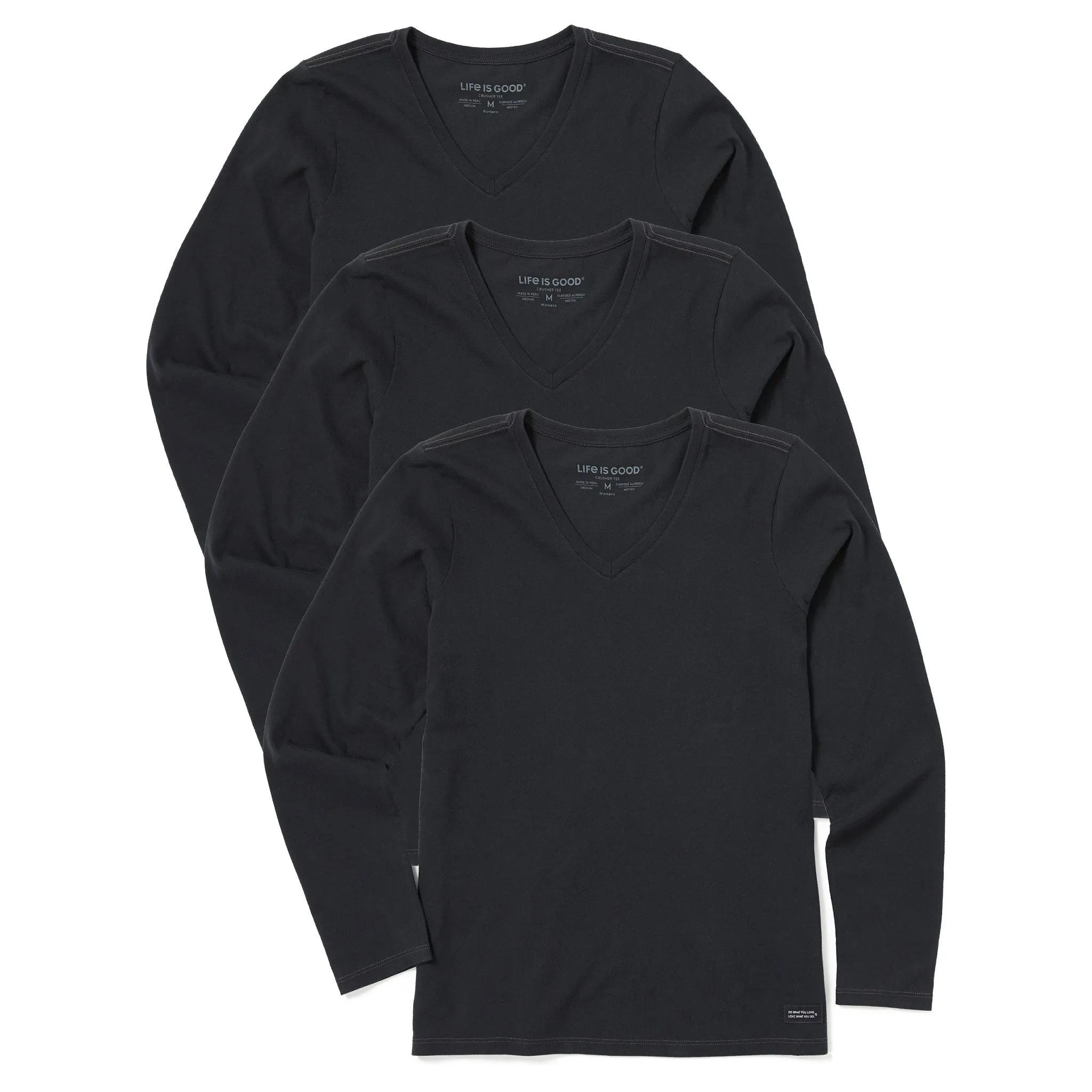 Womens Solid 3-Pack Long Sleeve Crusher Vee  Faded Black Life is Good