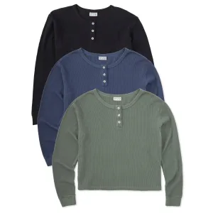 Womens Solid 3-Pack Long Sleeve Thermal Henley - Multi Life is Good