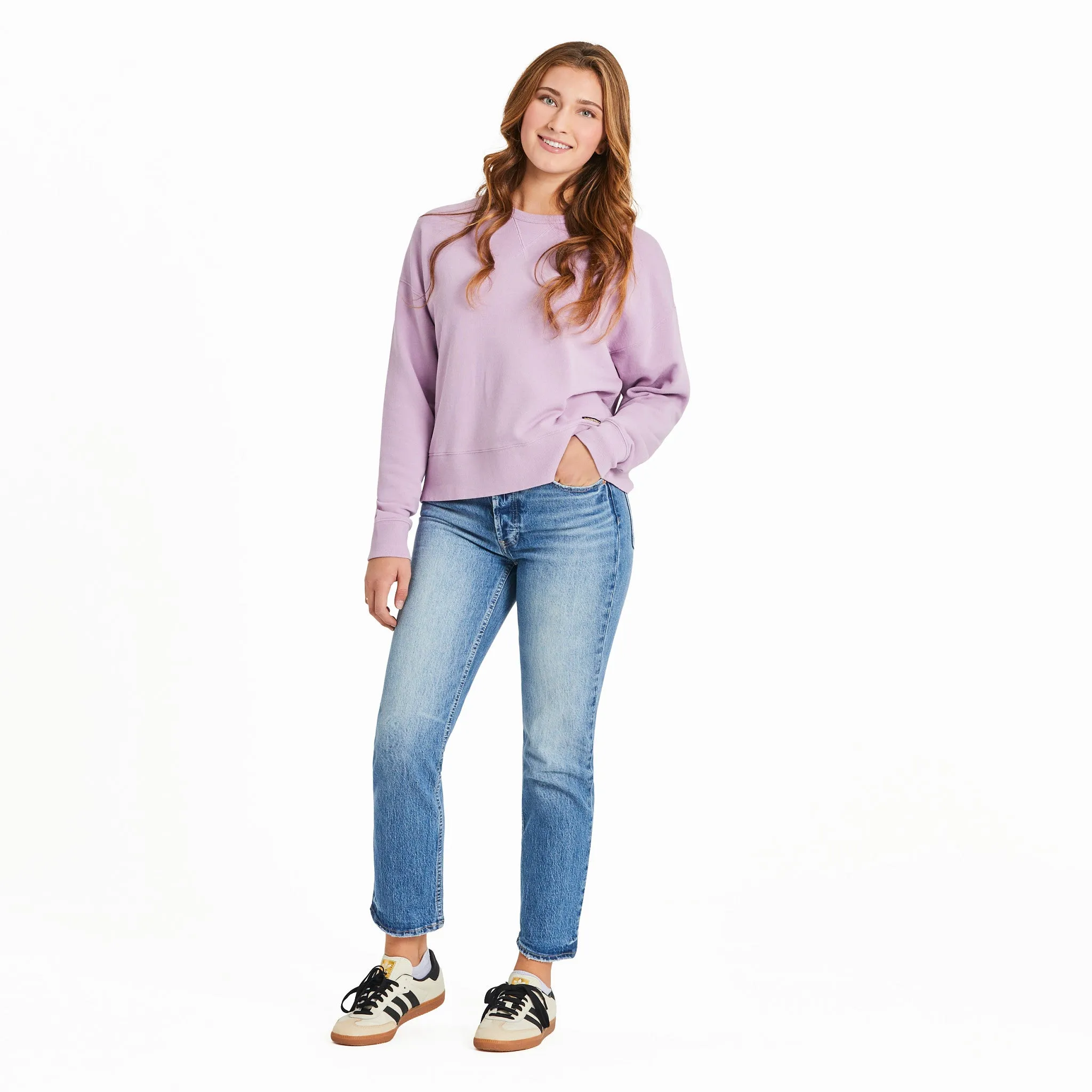 Women's Solid French Terry Boxy Crew Life is Good