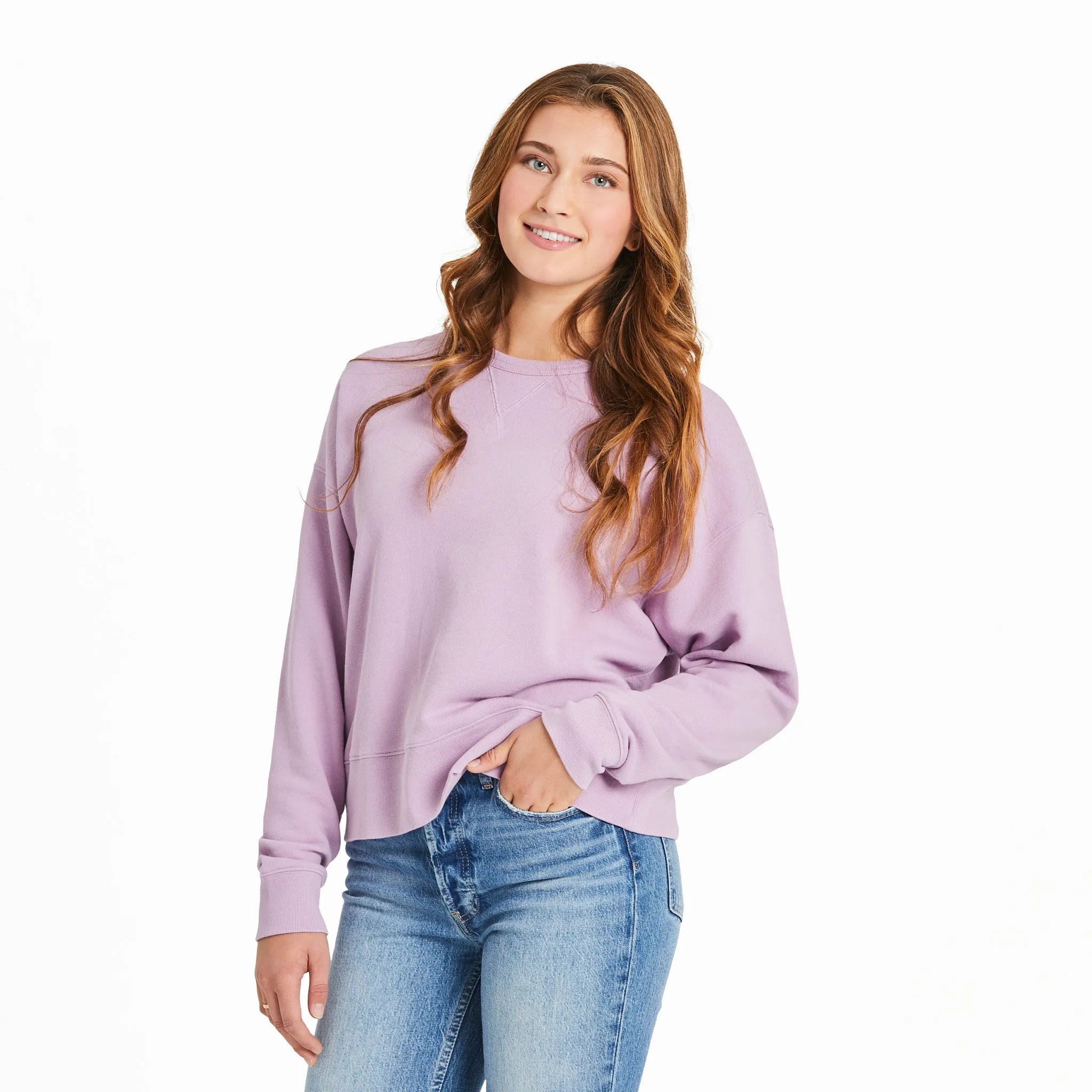 Women's Solid French Terry Boxy Crew Life is Good