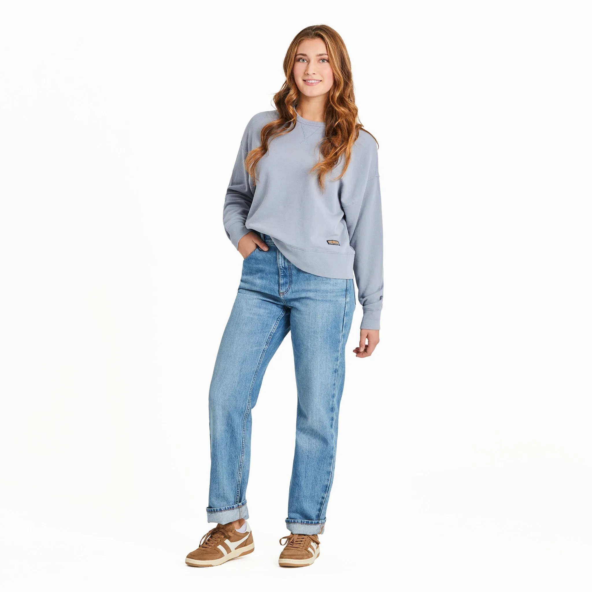 Women's Solid French Terry Boxy Crew Life is Good