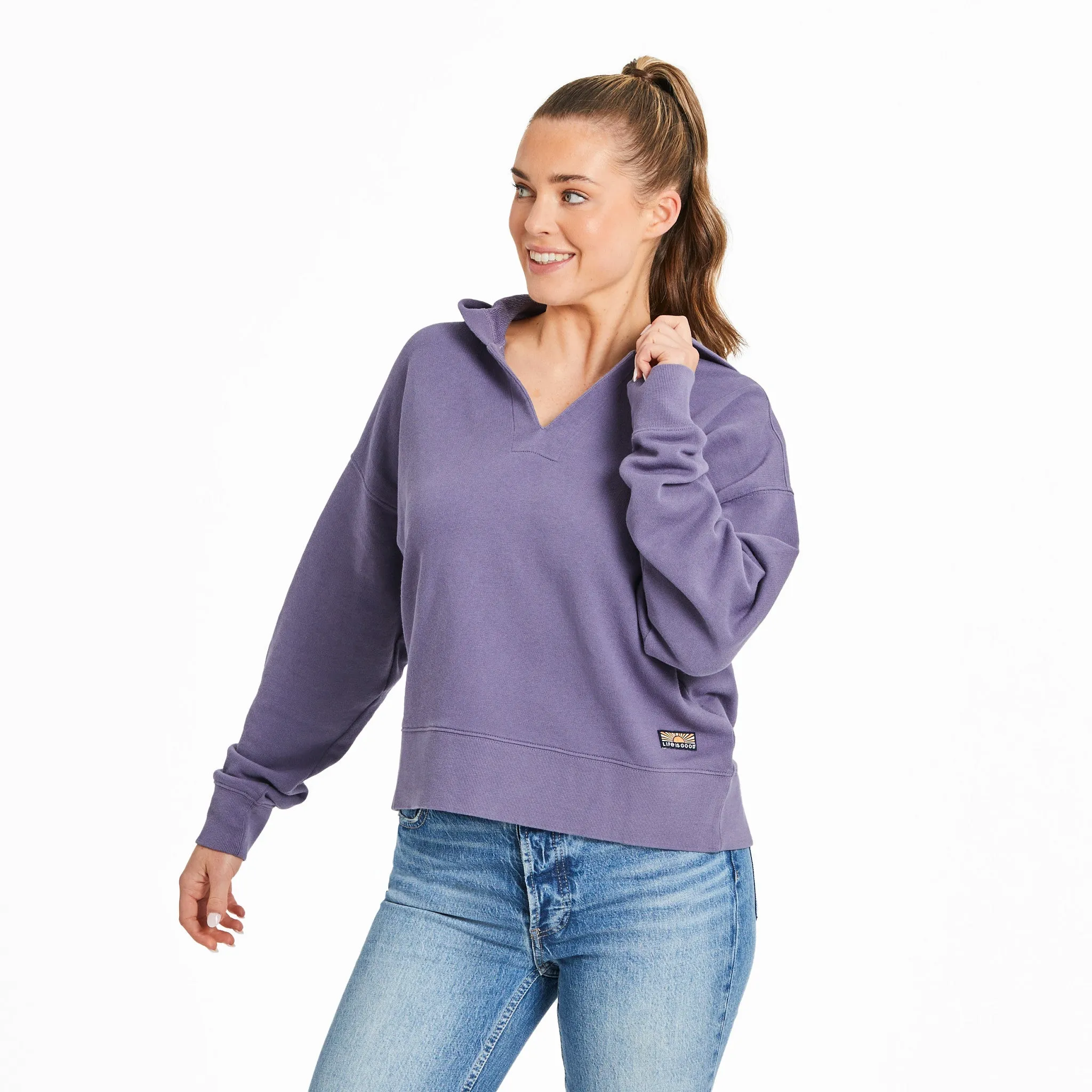 Women's Solid French Terry Boxy Pullover Hoodie Life is Good
