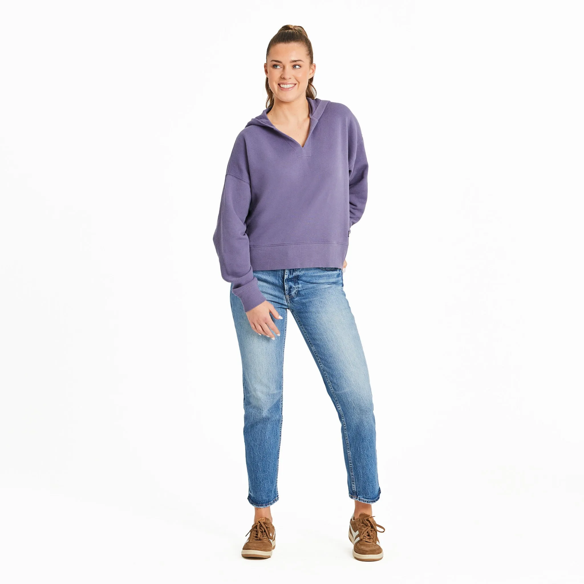 Women's Solid French Terry Boxy Pullover Hoodie Life is Good