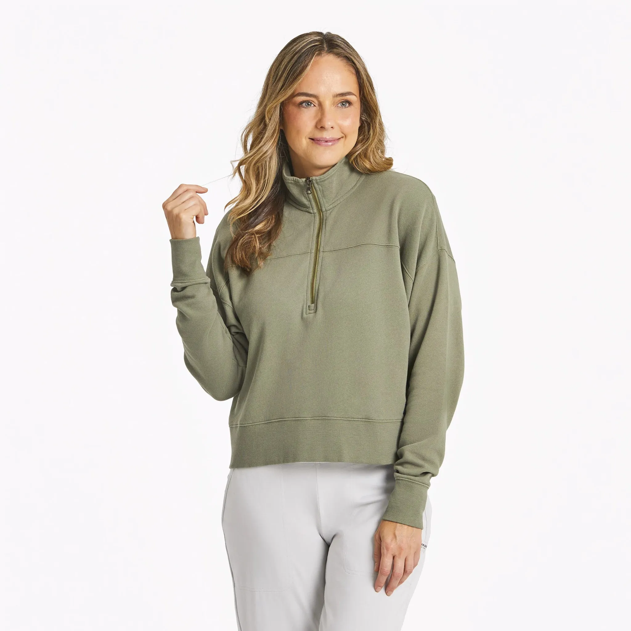 Women's Solid French Terry Boxy Quarter Zip Life is Good