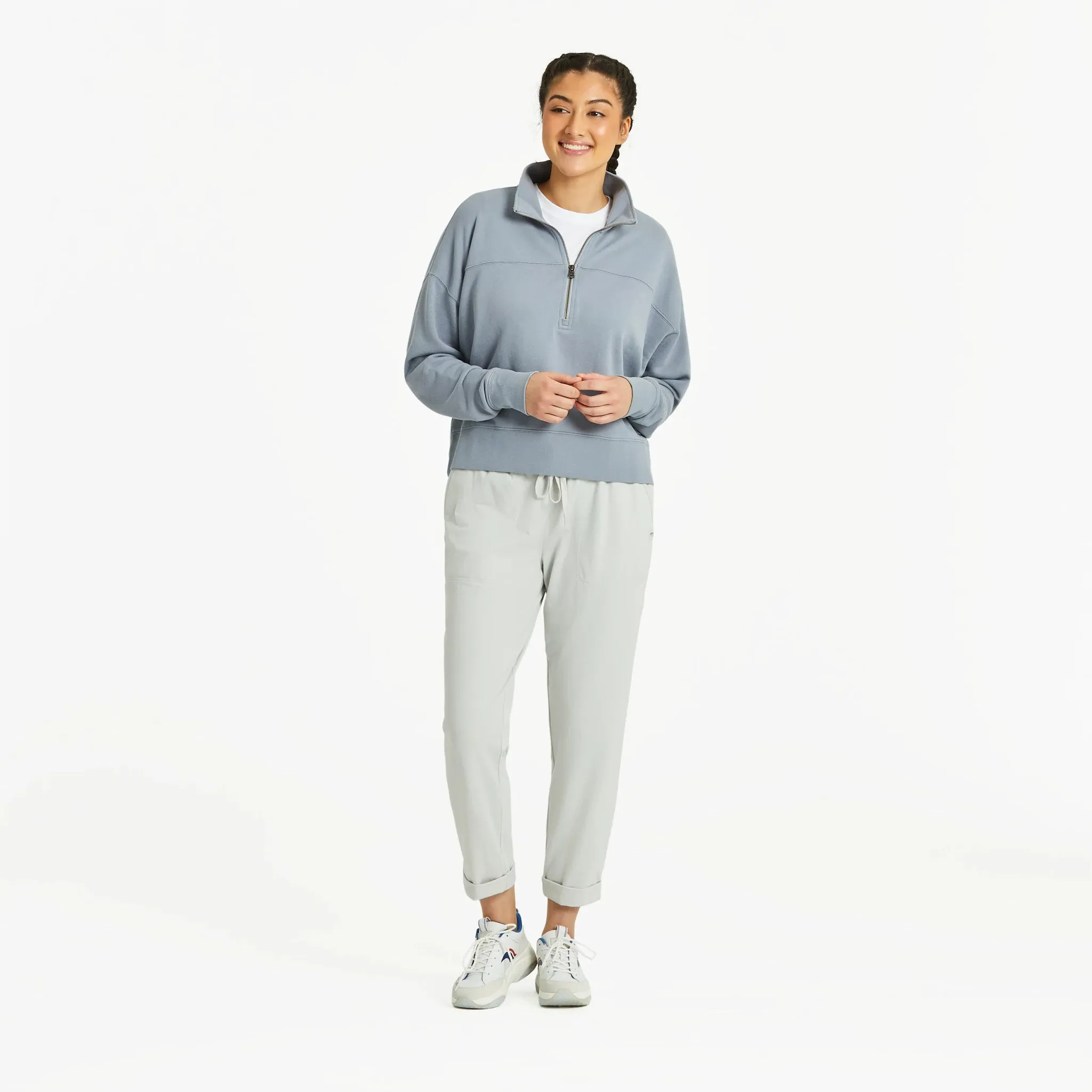 Women's Solid French Terry Boxy Quarter Zip Life is Good
