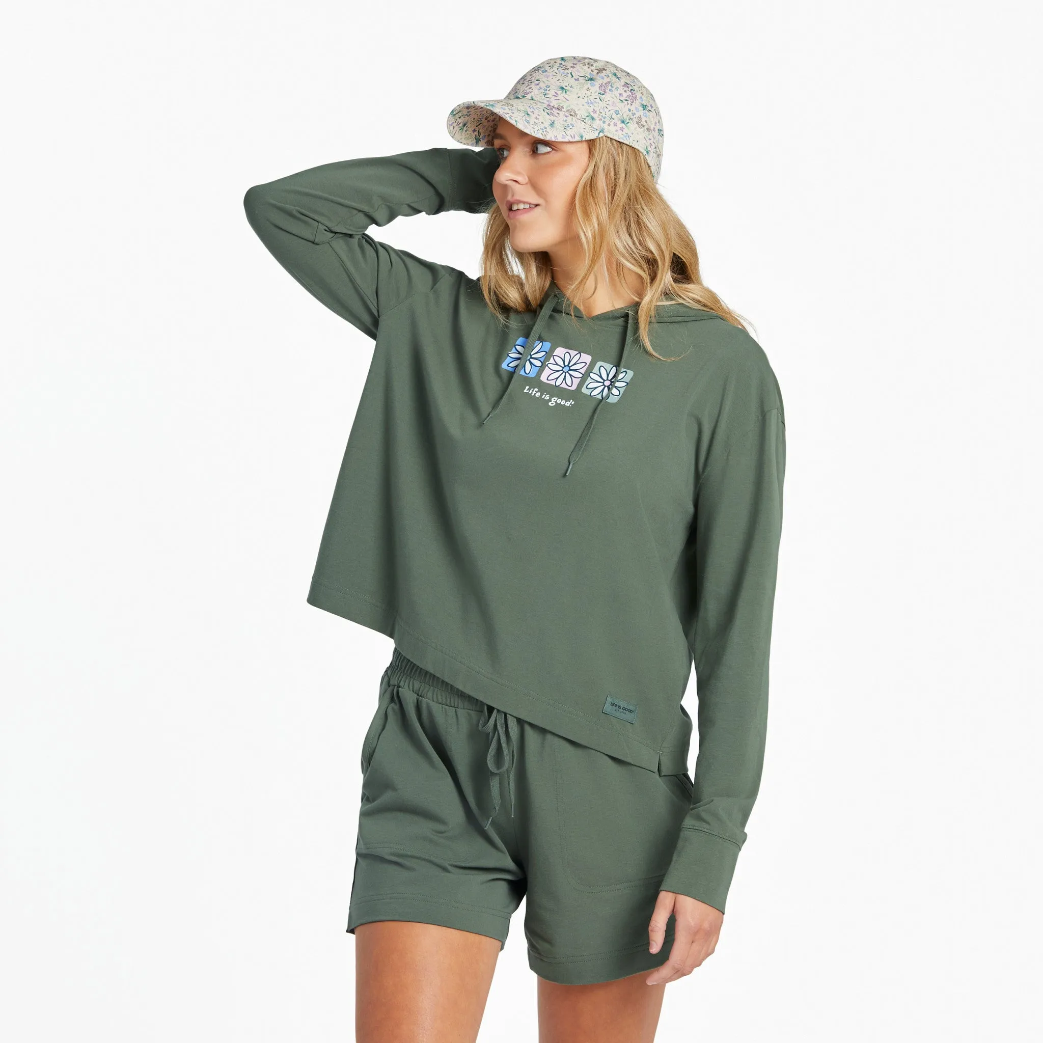 Women's Three Boxed Daisies Crusher-FLEX Boxy Hoodie Life is Good