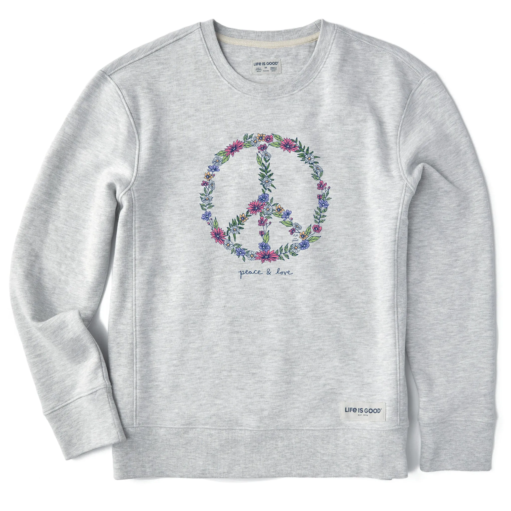 Women's Wildflower Love Peace Sign Simply True Fleece Crew Life is Good